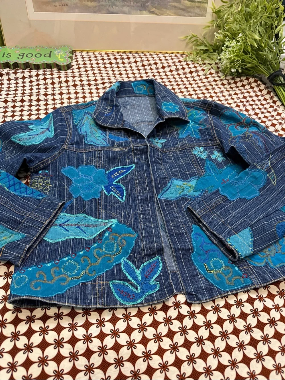 Blue Floral Patchwork Denim Jacket